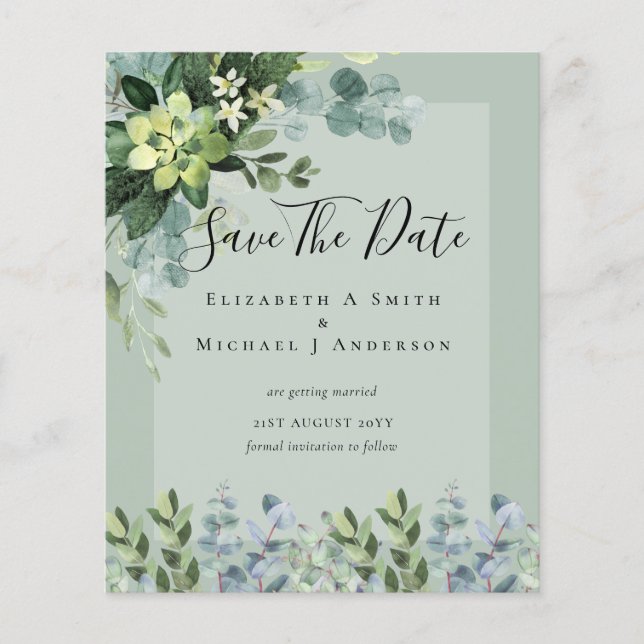 BUDGET WEDDING SAVE DATES - GREENERY Eucalyptus Flyer (Front)