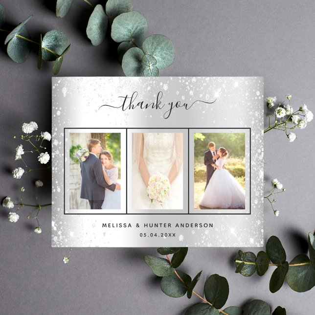 Budget wedding silver glitter photo thank you card (Creator Uploaded)