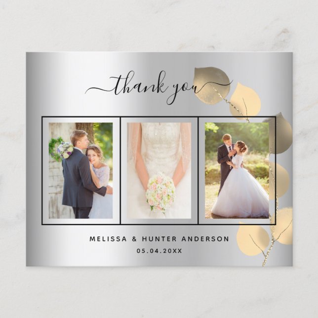 Budget wedding silver gold photo thank you card (Front)