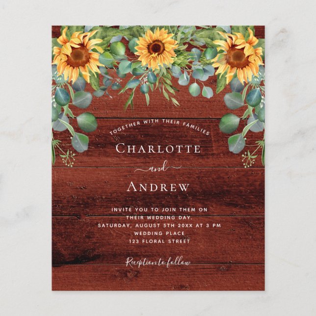 Budget wedding sunflowers eucalyptus brown wood (Front)