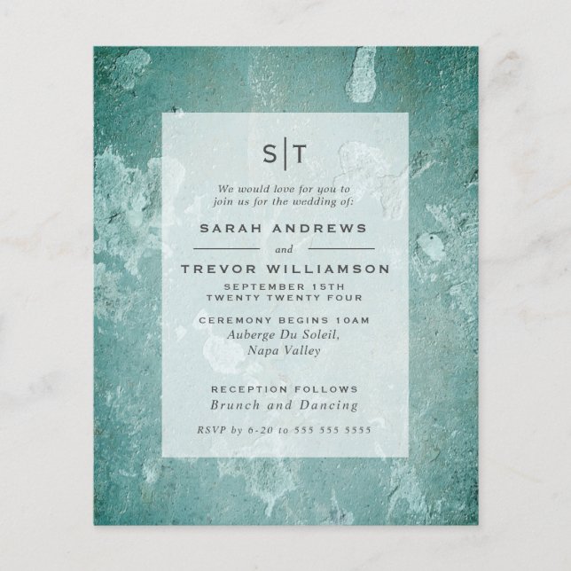 Budget Wedding  Wabi Sabi Aqua Green Invitation (Front)