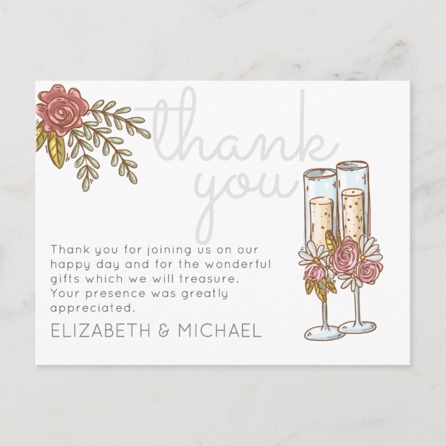 Budget Whimsical Champagne Thank You Wedding Postcard (Front)