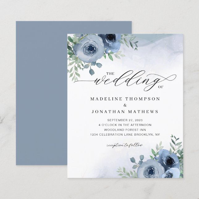 BUDGET Whimsical Script Floral Dusty Blue Wedding (Front/Back)
