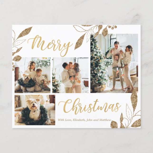 Budget White and Gold Photo Collage Christmas Card (Front)