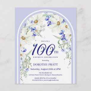 Budget White Blue Floral 100th Birthday Invite