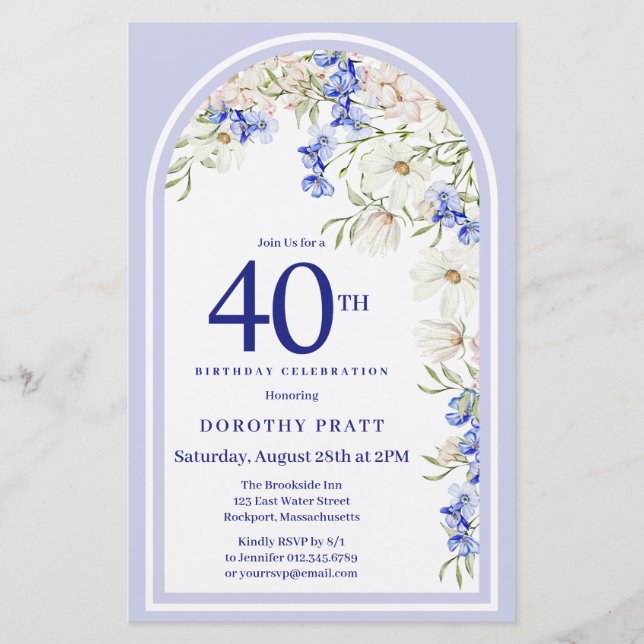 Budget White Blue Floral 40th Birthday Invite (Front)