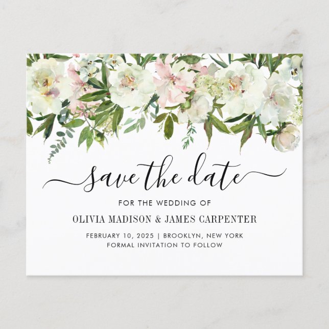 Budget White Floral Fall Wedding Save the Date (Front)