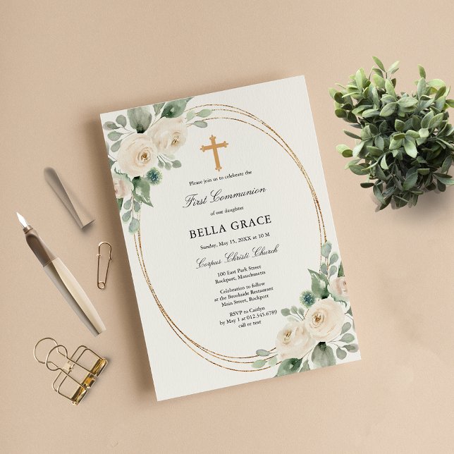 Budget White Floral First Communion Invitation (Creator Uploaded)