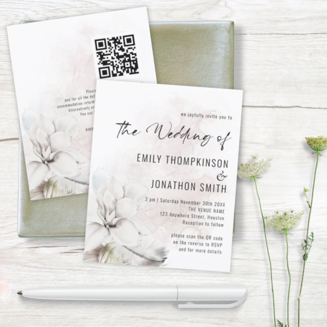 Budget White Floral Watercolor QR Wedding Invite (Creator Uploaded)