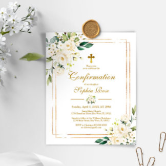 Budget White Flowers Gold Confirmation Invitation