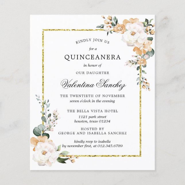 Budget White Gold Floral Quinceanera Invitation (Front)