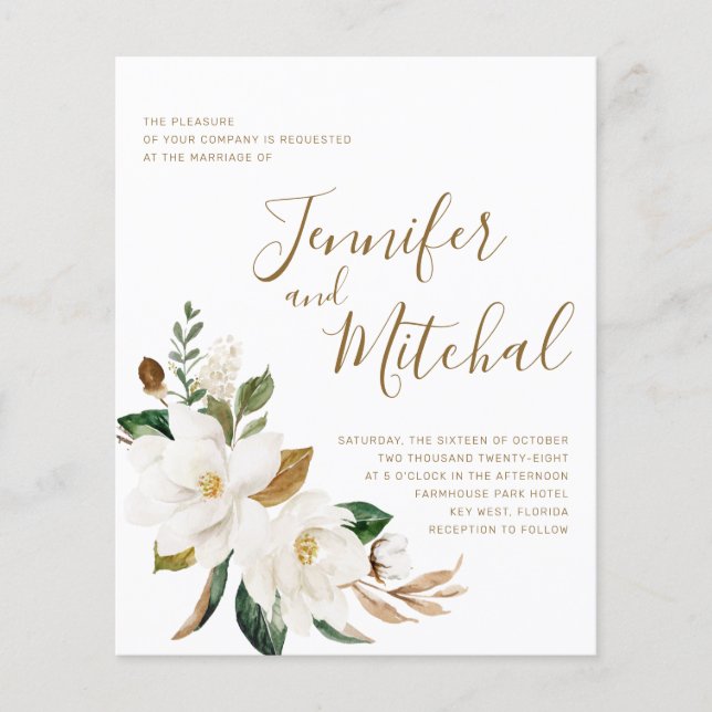 BUDGET White & Gold Floral Wedding Invitation (Front)