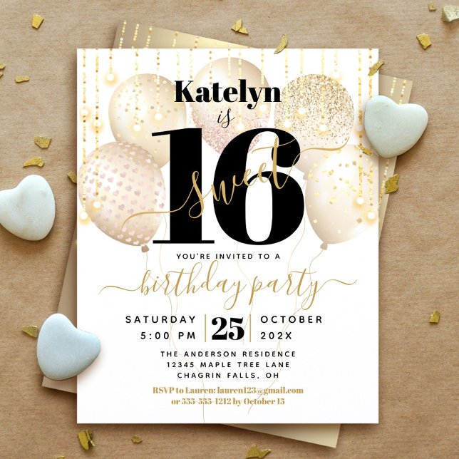 Budget White Gold Glitter Sweet 16 Balloons Invite (Creator Uploaded)