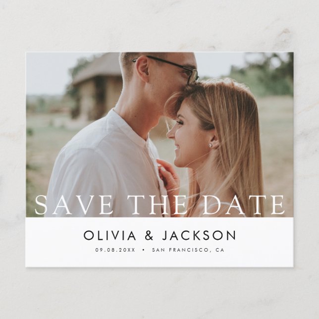 Budget White Lettered Save the Date Photo (Front)