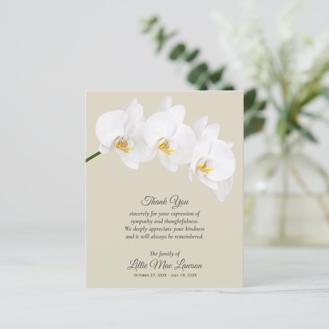 Budget White Orchid Funeral Memorial Thank You (Standing Front)