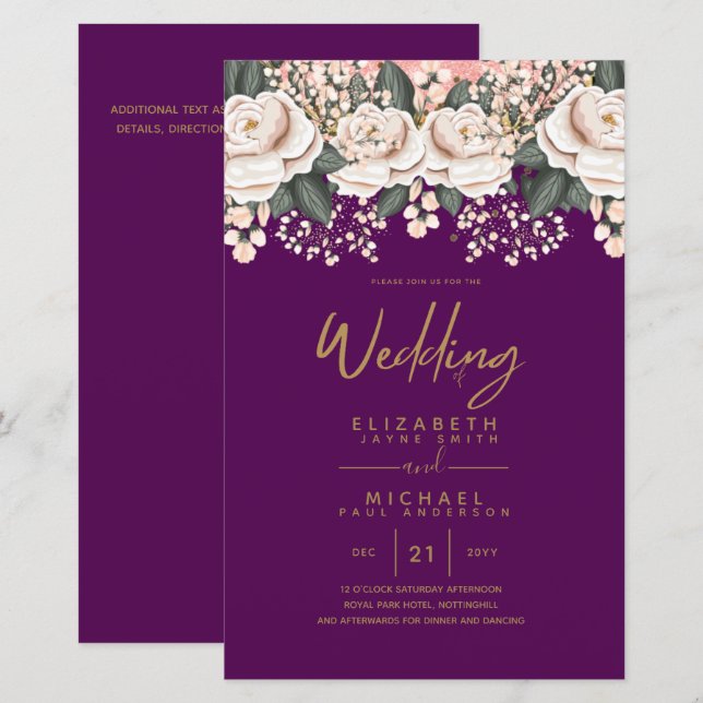 Budget White Roses Botanical Wedding Invites A9 (Front/Back)