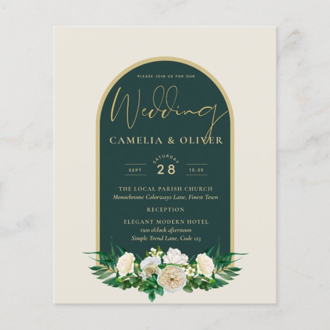 BUDGET White Roses Forest Green Winter Wedding INV Flyer (Front)
