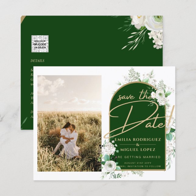 Budget White Roses Green Wedding Save the Date (Front/Back)