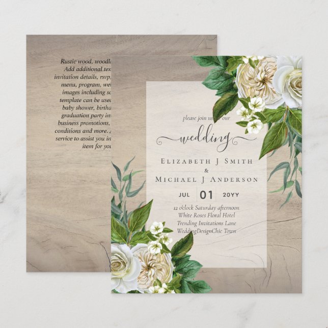 BUDGET WHITE ROSES Invitations WEDDING CHIC (Front/Back)