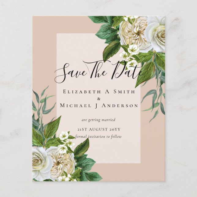 BUDGET WHITE ROSES SAVE DATES WEDDING CHIC FLYER (Front)