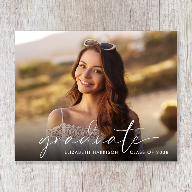 Budget White Script Photo Graduation Announcement (Creator Uploaded)
