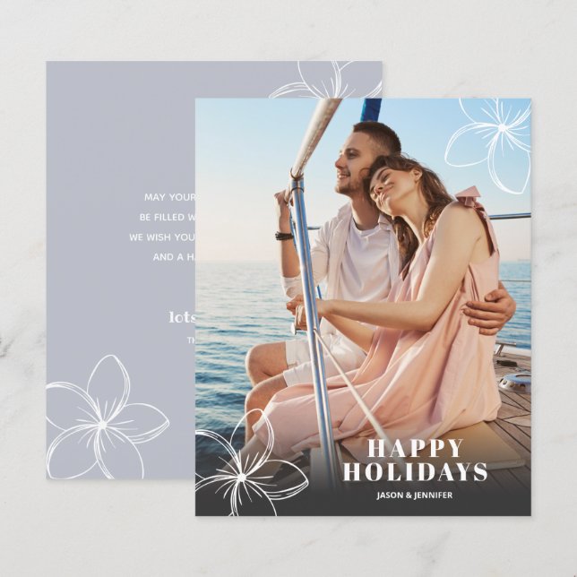 Budget White Tropical Flowers Photo Holiday Card (Front/Back)