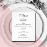 Budget White Wedding Menu<br><div class="desc">An excellent value, a white dinner menu printed on thinner 80 lb uncoated matte paper features your food choices in chic lettering. Perfect for a modern wedding reception, wedding rehearsal dinner, anniversary party or any special event with a sit-down dinner. Measures 4.5" x 5.6", but you can choose from 3...</div>
