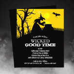 Budget Wicked Witch Halloween Invitations<br><div class="desc">Small 4.5" x 5.6" affordable paper flyers feature a wicked witch and her cauldron, a black bat, picket fence and bare tree branches silhouetted against a spooky sky. Printed on value 80 lb semi-gloss cardstock available in 3 sizes. **NO ENVELOPES INCLUDED - buy 5" x 7" if needed. Be sure...</div>