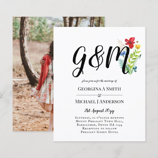 Budget Wild Flower Typography photo Wedding INVITE (Front/Back)