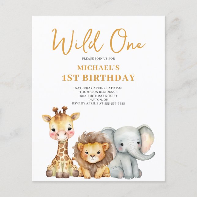Budget Wild One Safari 1st Birthday Invitation Flyer (Front)