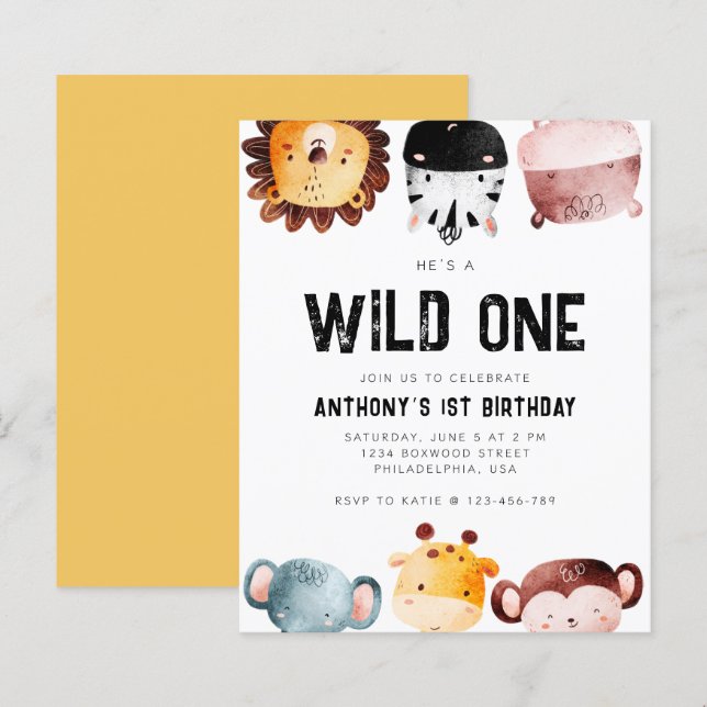 Budget Wild One Safari Animals First Birthday (Front/Back)