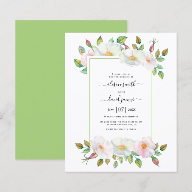BUDGET Wild rose floral green wedding invitation (Front/Back)