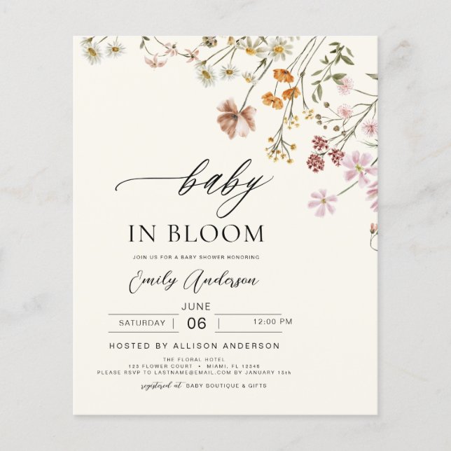 Budget Wildflower Baby in Bloom Invitation Flyer (Front)