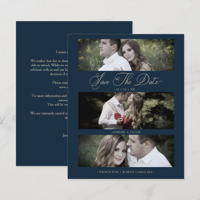 Budget Wimshical Script Navy Wedding 3 Photos (Front/Back)