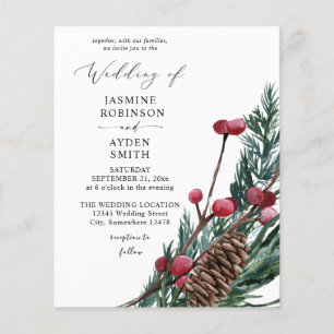 Budget Winter Berries & Pine Greenery Wedding Flyer