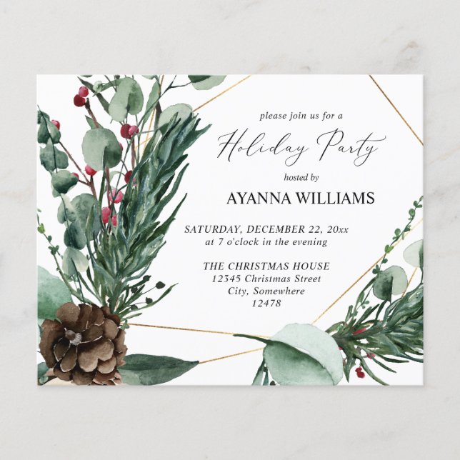 Budget Winter Berries & Pine Holiday Party Flyer (Front)