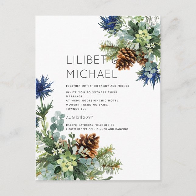 BUDGET  Winter Blue Thistle Wedding Postcard (Front)