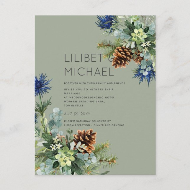 BUDGET  Winter Blue Thistle Wedding Postcard (Front)