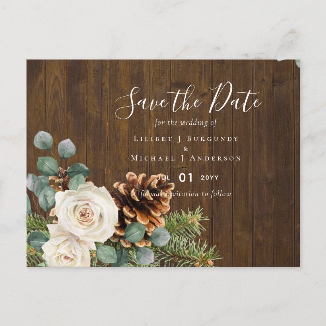 BUDGET Winter Eucalyptus Pine Cones Wedding Postcard (Front)