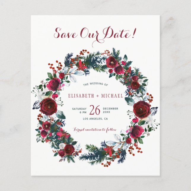 BUDGET winter floral wreath wedding save the date (Front)