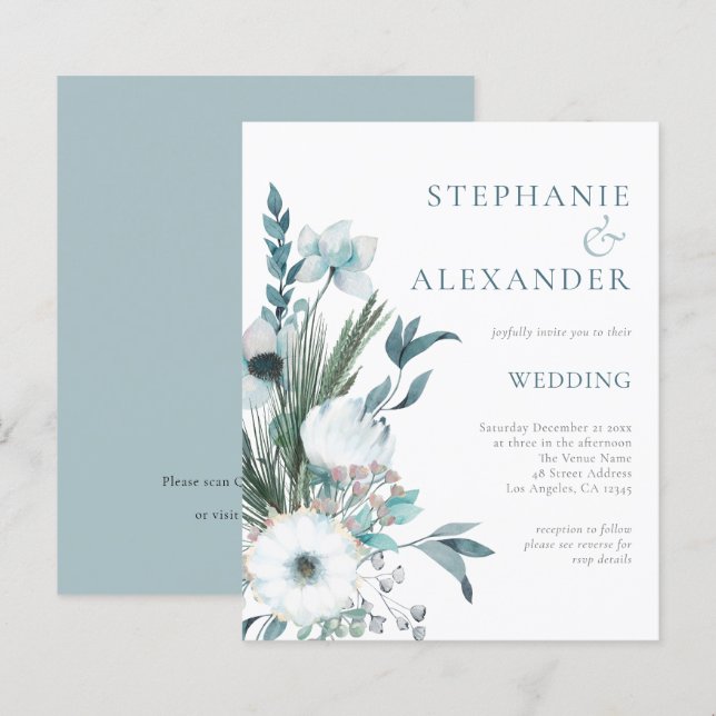 Budget Winter Florals Teal QR Code Wedding invite (Front/Back)