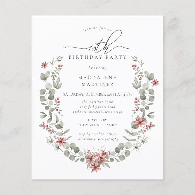Budget Winter Greenery Red Floral 18th Birthday (Front)