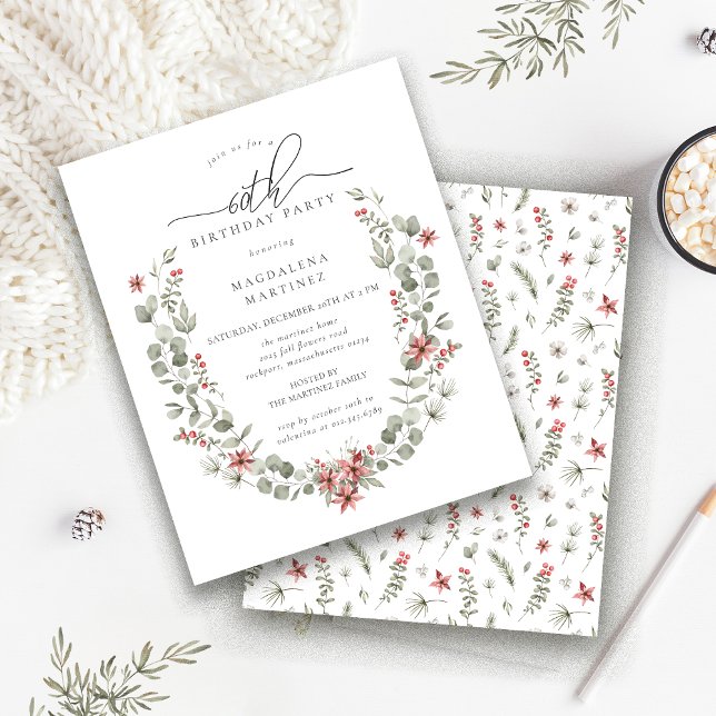 Budget Winter Greenery Red Floral 60th Birthday (Creator Uploaded)