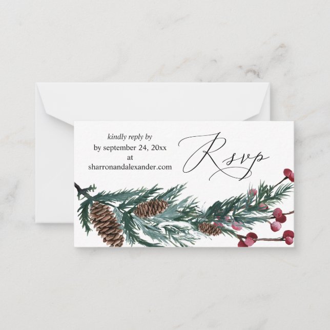 Budget Winter Pine Cone & Berry 2SM Meal RSVP Note Card (Front)