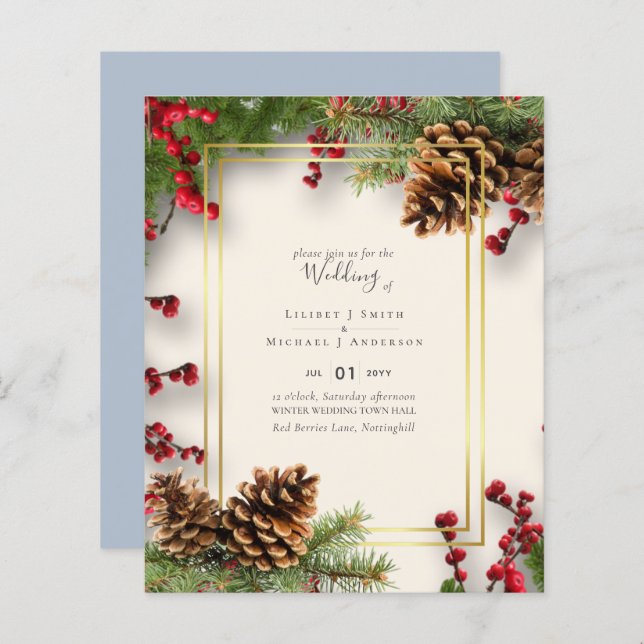 BUDGET  Winter Red Berries Pine Cones Wedding (Front/Back)