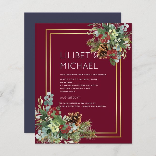 BUDGET  Winter Red Berries Pine Cones Wedding (Front/Back)