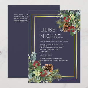 BUDGET  Winter Red Berries Pine Cones Wedding Invitation