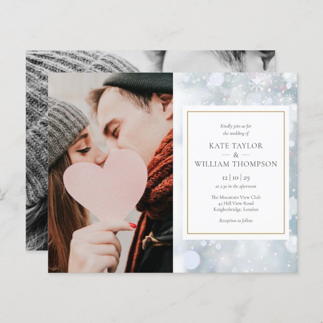 Budget Winter Snowflakes Photos Wedding Invitation (Front/Back)