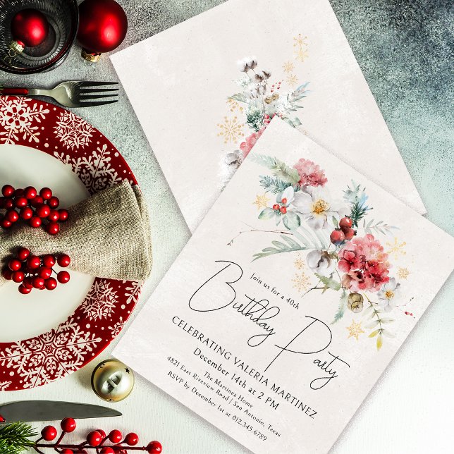 Budget Winter Watercolor Flowers 40th Birthday (Need a matching welcome sign? Napkins, paper plates. Some other party supplies? Message me!)
