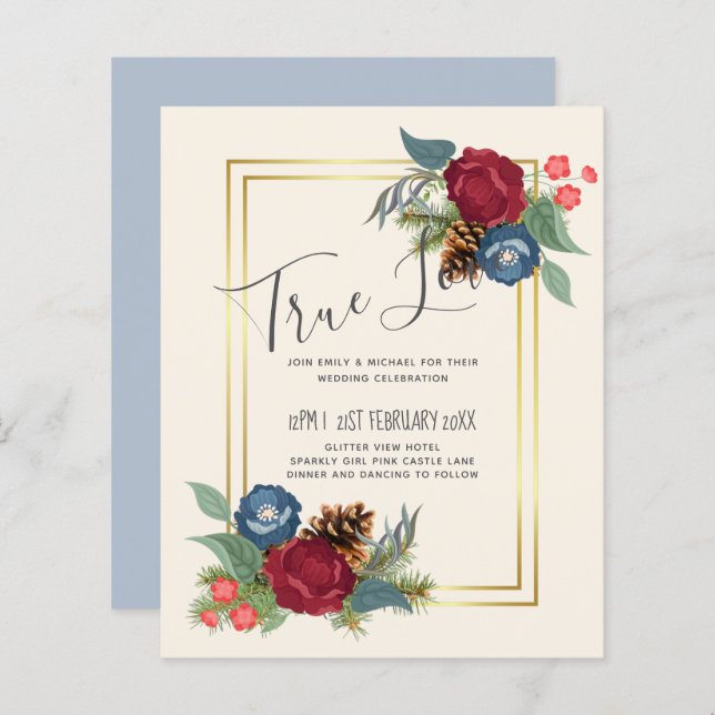 BUDGET  Winter Wedding Burgundy Teal Blue Modern (Front/Back)